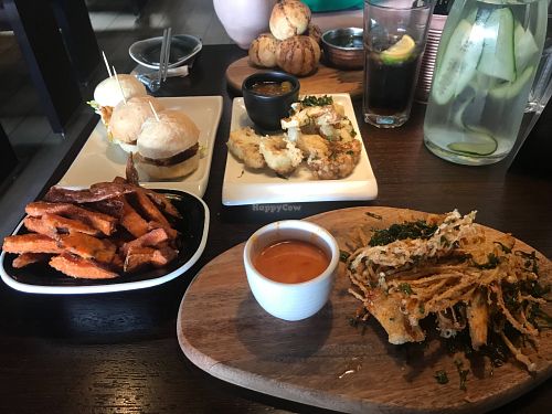 Tapas- mushrooms bottom right, sweet potato tempura bottom left, jackfruit sliders and cauliflower tempura middle, dough balls top at Street in Coventry
