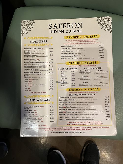 Dinner menu as of 7 September 2025  at Saffron Indian Cuisine in Greenville
