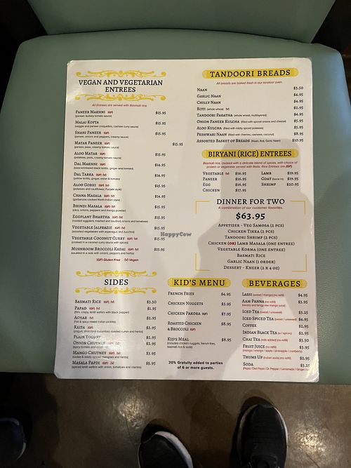 Dinner menu as of 7 September 2025  at Saffron Indian Cuisine in Greenville