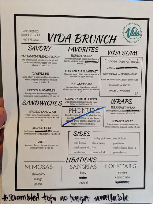 Brunch menu with manual edits that aren't reflected in online ordering  at Vida Eatery  in Bakersfield