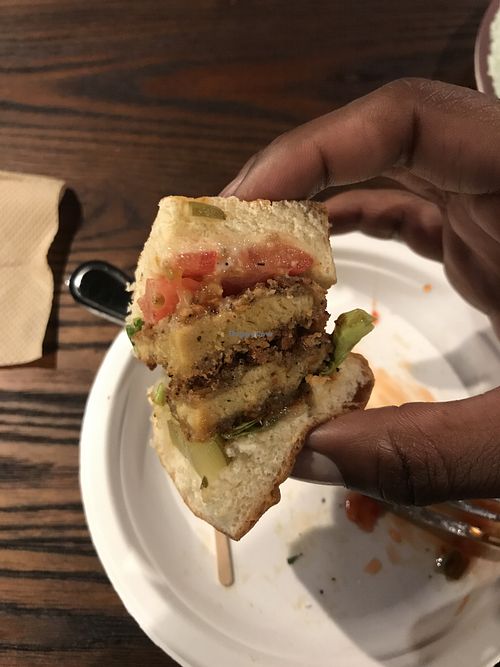 Side view of crispy chickn sandwich  at Vida Eatery  in Bakersfield