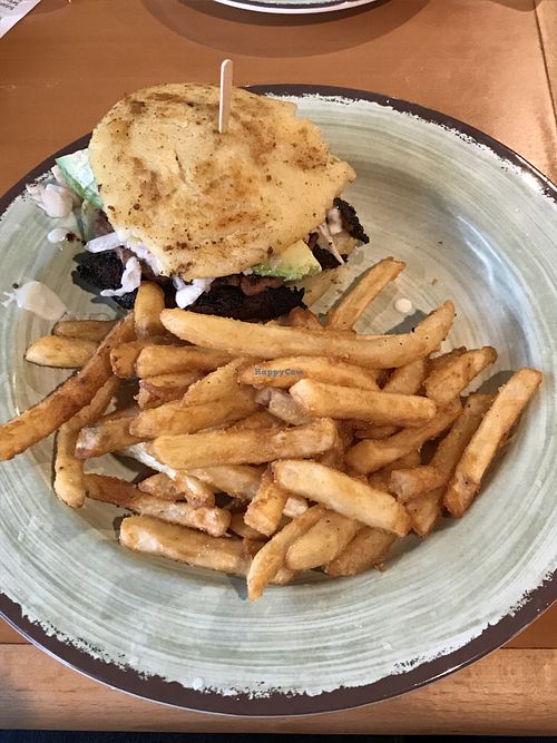 Purepa burger with fries at Vida Eatery  in Bakersfield