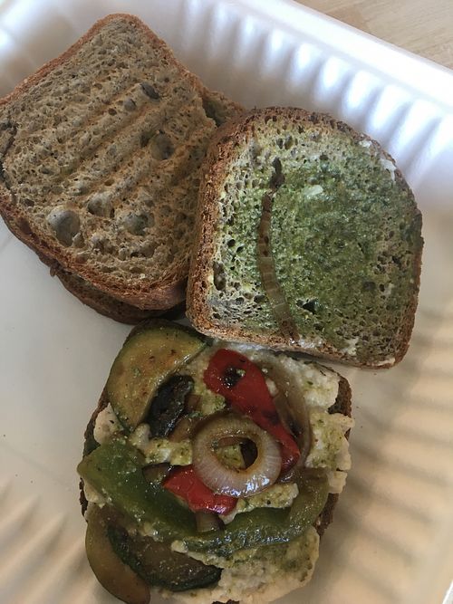 Vegan gluten free pesto panini (uses yeast in cheese-no soy) at Rave Organics in Newbury Park