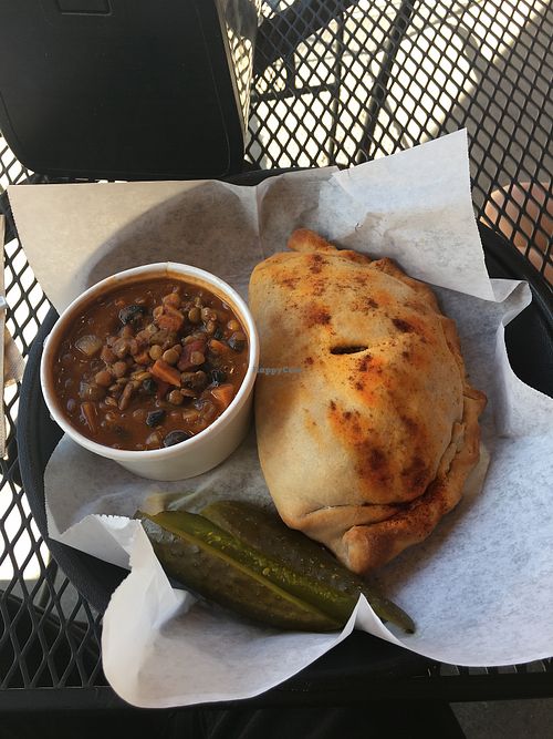 Cup of lentil chili and a vegan pasty! So good.  at Palominos in Keystone