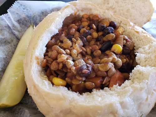 Vegan lentil bread bowl at Palominos in Keystone