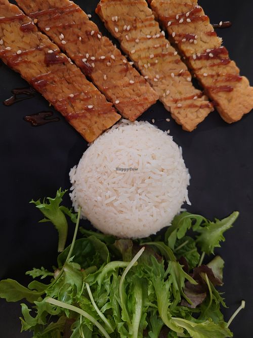 Tempeh with basmati rice and salad, very good but too simple at Veg Joy in Rome