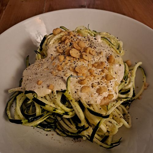 Courgette spaghetti with creamy sauce at Veg Joy in Rome