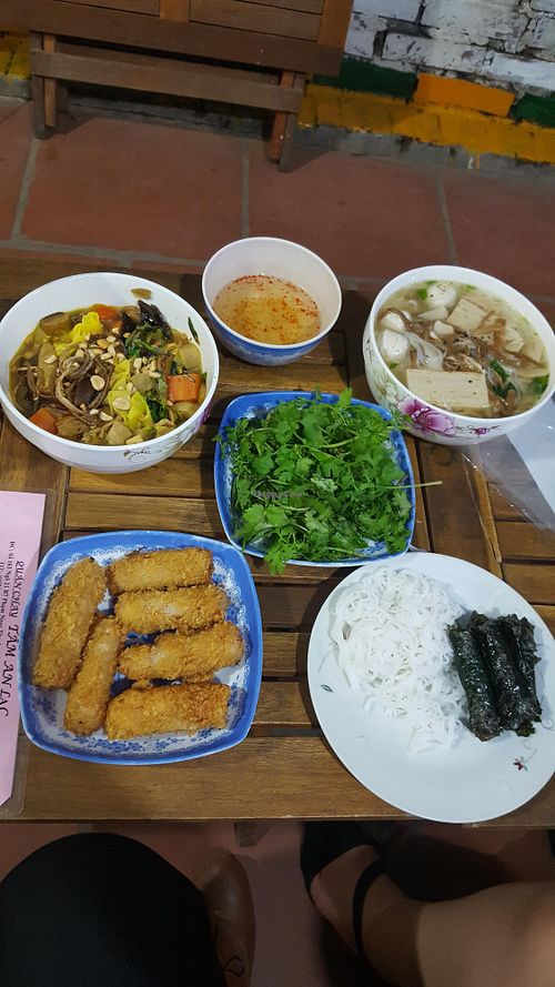 Full set (almost-all-eaten) grilled veg-beef sticks, veg-seafood (made from veggies) fried rolls, Quang Ngai noodles and rice noodles with veg-meatball. for 2 persons, only 110.000VND! at Tam An Lac - Dong Da District in Hanoi