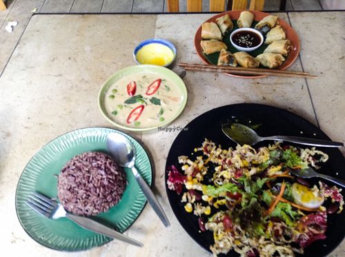-Thai herb Spring rolls
-Deep Fried edible flower salad
-Green curry with brown rice

 at Pun Pun Organic Vegetarian Restaurant - Wat Suan Dok in Chiang Mai