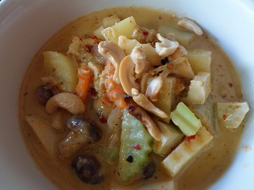 Musaman Curry with mushroom, tofu and potatoes at Pun Pun Organic Vegetarian Restaurant - Wat Suan Dok in Chiang Mai