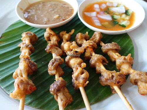 Deep fried Shitake mushroom served with peanut and tamarind sauce at Pun Pun Organic Vegetarian Restaurant - Wat Suan Dok in Chiang Mai