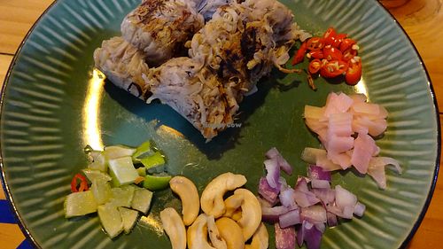 fermented mushroom sausage at Pun Pun Organic Vegetarian Restaurant - Wat Suan Dok in Chiang Mai