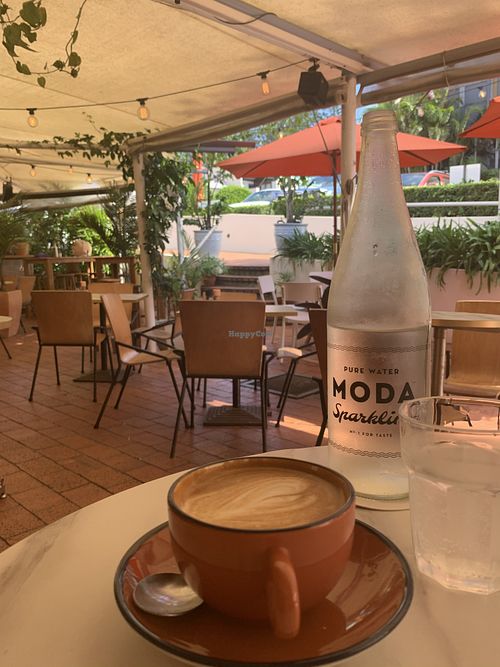oat flat white and complimentary sparkling water at No Bones in Byron Bay