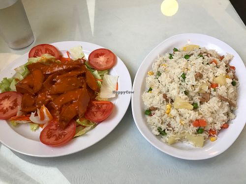 Sautéed Garlic Delight and Pineapple Fried Rice  at Anna's Vegan Cafe in Sacramento