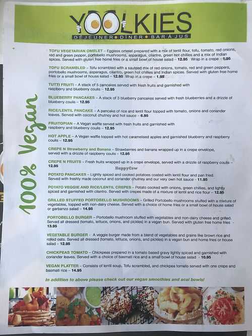 Vegan menu at Yoolkies in Dollard-des-ormeaux
