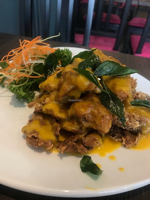 Pumpkin butter sauce mushrooms  at New Fut Kai Vegetarian 新佛界素食 in Central Singapore