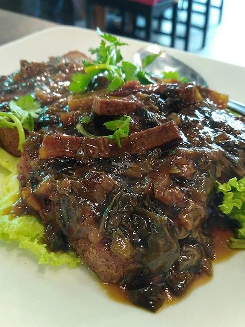 Mei Cai Stewed Veg Pork Belly Tofu ($14), a well-balanced combination dish, not so much mock meat.  at New Fut Kai Vegetarian 新佛界素食 in Central Singapore