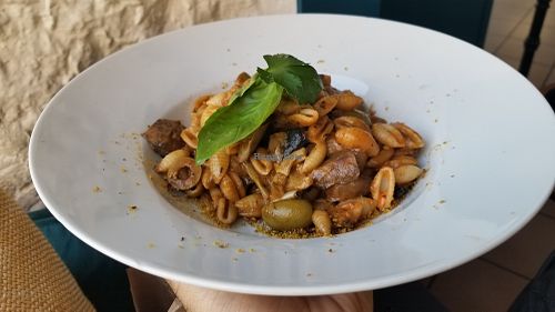 Pasta with artichokes and green olives at Cafe Mutin in Geneva