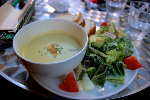 green pea soup with ceasar salad at Eat More Greens in Tokyo