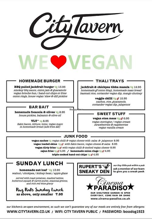 Vegan menu at City Tavern in Newcastle Upon Tyne