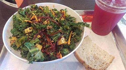 This is the sriracha ginger tofu and ancient grains bowl with a side of bread (the only thing NOT gluten free on their menu) and lemonade. at CoreLife Eatery in Murfreesboro