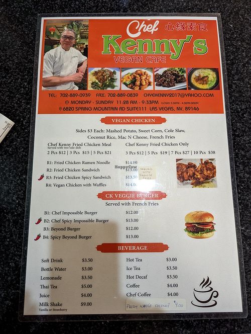 Menu at Chef Kenny's Asian Vegan Cuisine in Las Vegas