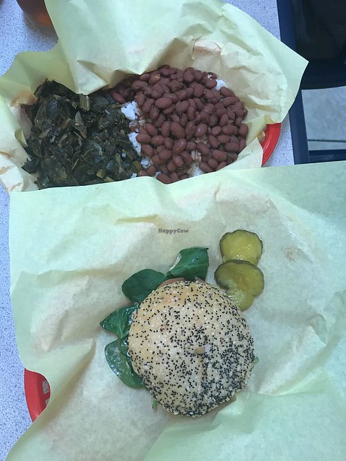 Beyond burger on gluten free bun with side of collard greens & spicy red beans at Amber's Smoked Vegan in Las Vegas