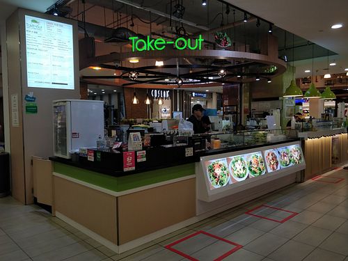 Stall front. Social distancing during Covid-19 at Take-Out Salad - Yew Tee in West Singapore