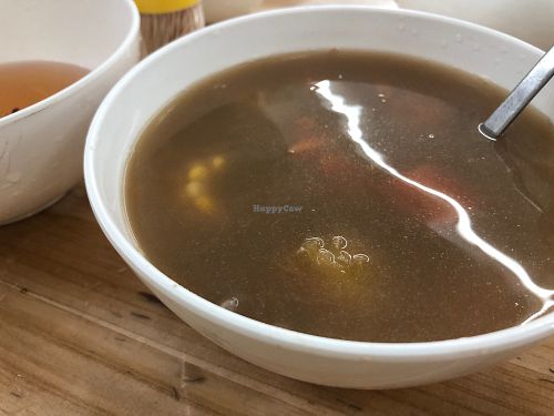 Carrots, corn, beans soup at V+ Vegetarian Restaurant in Kowloon