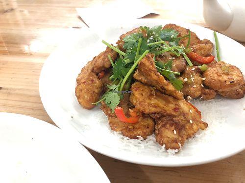 Deep fried lions mane mushrooms at V+ Vegetarian Restaurant in Kowloon