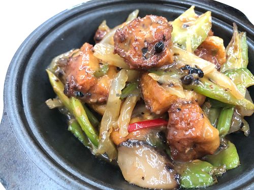 Stewed stuffed tofu puff and bitter melon at V+ Vegetarian Restaurant in Kowloon