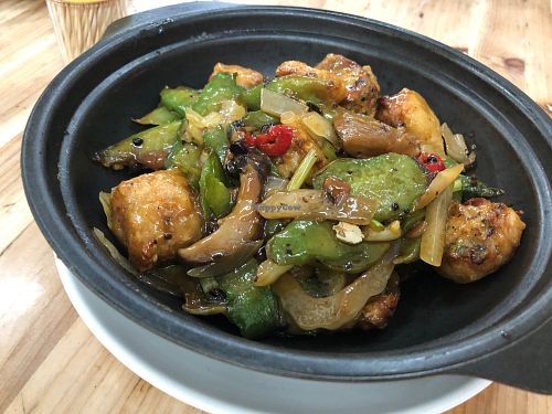 Stewed stuffed tofu and bitter melon at V+ Vegetarian Restaurant in Kowloon