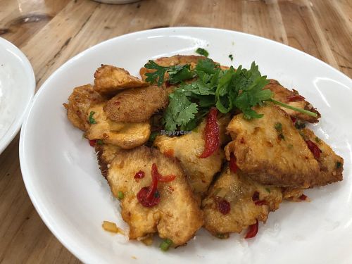 Fried lions mane mushrooms with spicy salt at V+ Vegetarian Restaurant in Kowloon