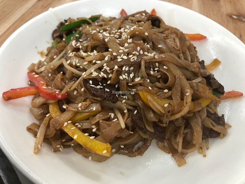 Stir-fried rice noodles at V+ Vegetarian Restaurant in Kowloon