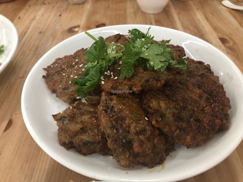 Lotus root cakes at V+ Vegetarian Restaurant in Kowloon