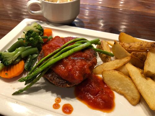 Beyond Burger Steak with portabello, mixed veggie and potato wedges at Kool Studio Kitchen in Kowloon