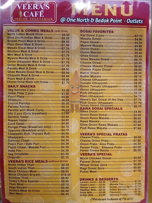 Menu at Veera's Cafe - Fusionpolis in Central Singapore