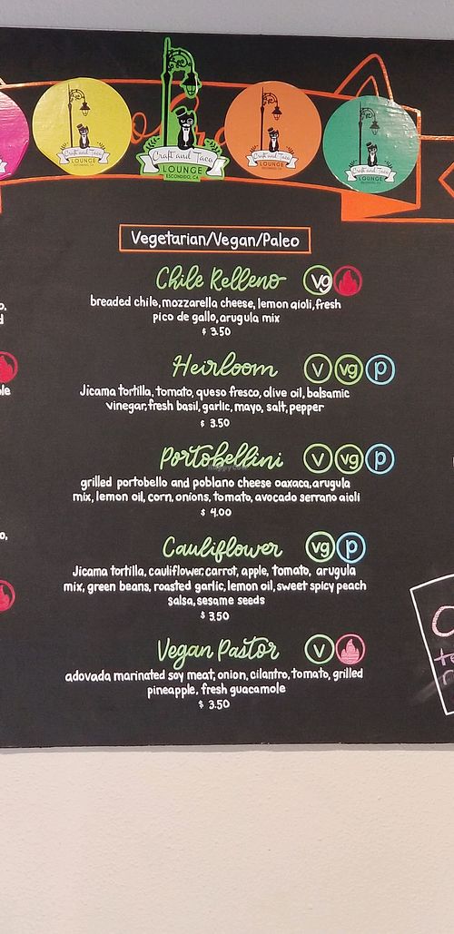 vegetarian menu at Craft and Taco Lounge in Escondido