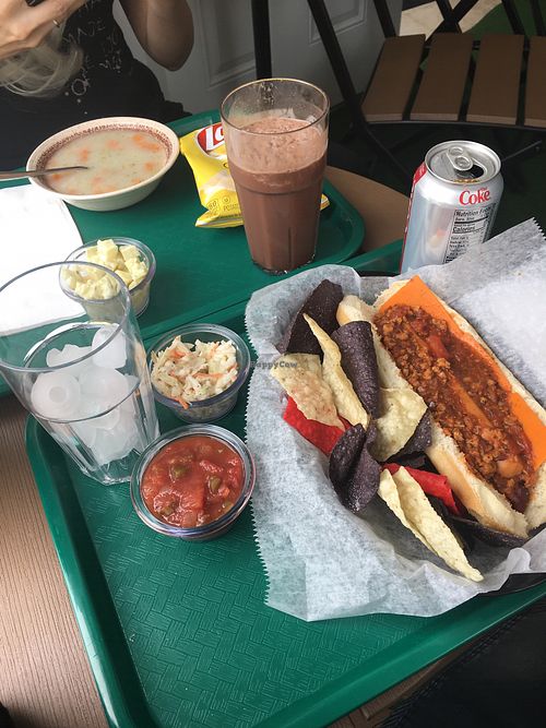 Chili cheese dog. Cole slaw. Potato salad and potato soup. Choco milkshake at Bread Bowl Cafe in Milford