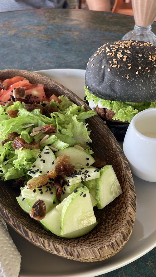 Mushroom patty burger  at Indiana vegan Cafe & Yoga in Langkawi
