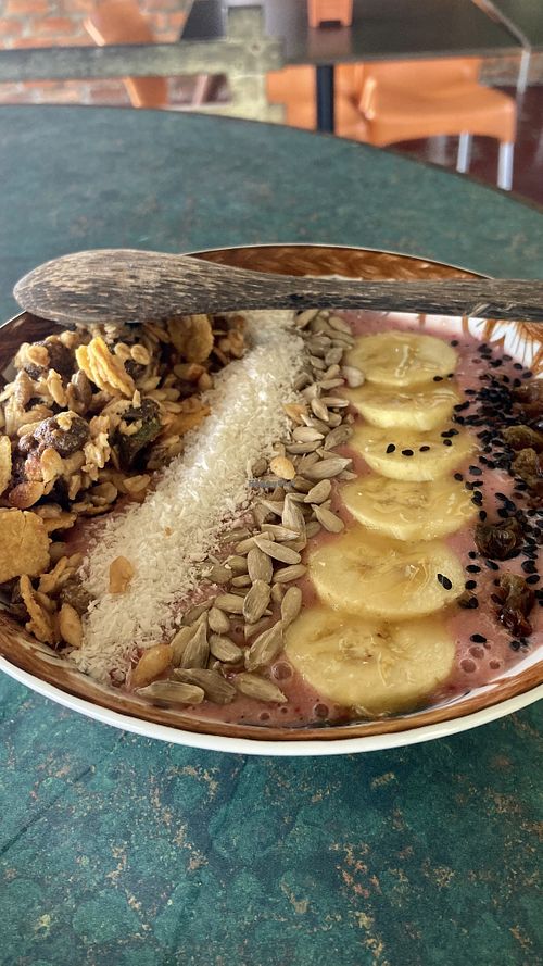 Strawberry smoothie bowl!  at Indiana vegan Cafe & Yoga in Langkawi