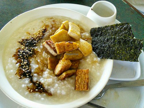 Awesome food! Bubur nasi congee with tofu and tempeh. at Indiana vegan Cafe & Yoga in Langkawi
