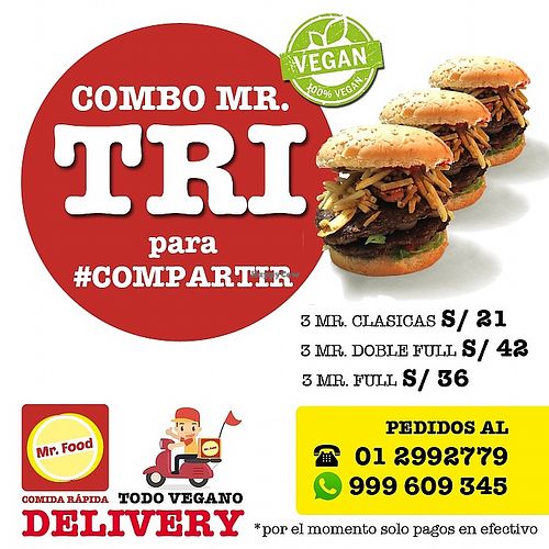 Delivery ? 012992779
?999609345

Cobertura solo a areas cercanos a Breña con Av. Brasil, Pueblo Libre, Jesus Maria, PUCP, Alas Peruanas, Magdalena y Lince.
#Vegan #VeganFastFood at Mr. Food Vegan - Breña in Lima
