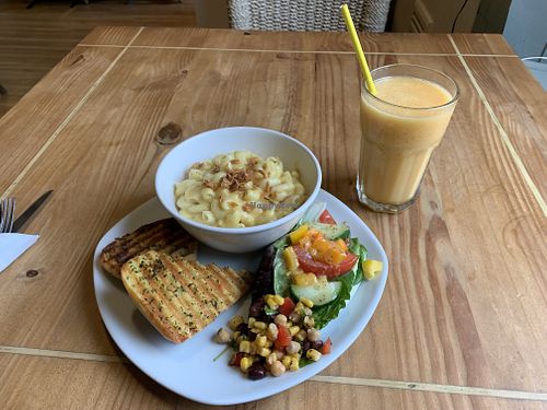 Vegan macaroni cheese and tropical smoothie  at Bluestone Coffee Shop in Barrhead