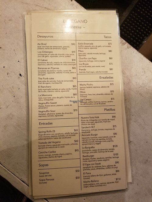 Menu at El Vegano Cocina in Rosarito