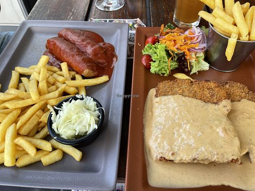 Schnitzel and curry wurst (German sausage) at Zeil Kitchen in Frankfurt