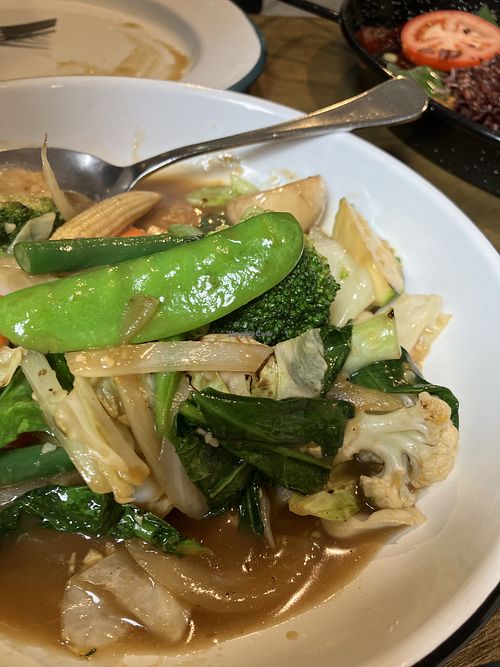 Mushroom oyster stir fry with tempeh  at Little Turtle in Enmore
