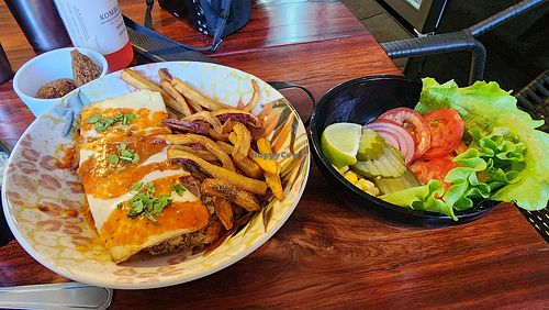soy parmigiana with fries and side of veggies. yummy.  at Salgados Veganos Manaus in Manaus