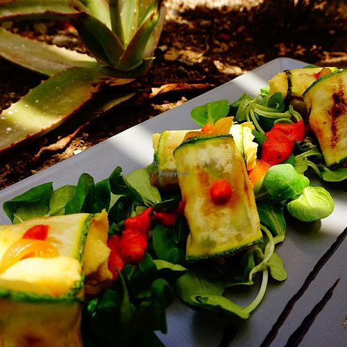 Zucchini rolls with Fava and a spicy roasted red pepper sauce at Katharos Lounge in Santorini