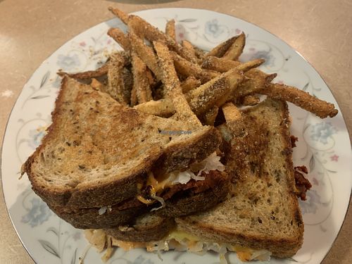 Seitan Reuben on rye with almond Parmesan fries  at Thrive Diner in Pittsfield